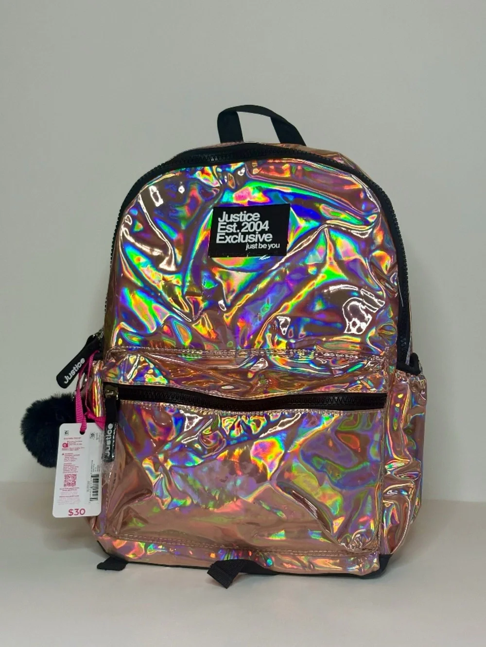 Justice Girls Holographic Iridescent Backpack Rose Gold Pom Pom NWT